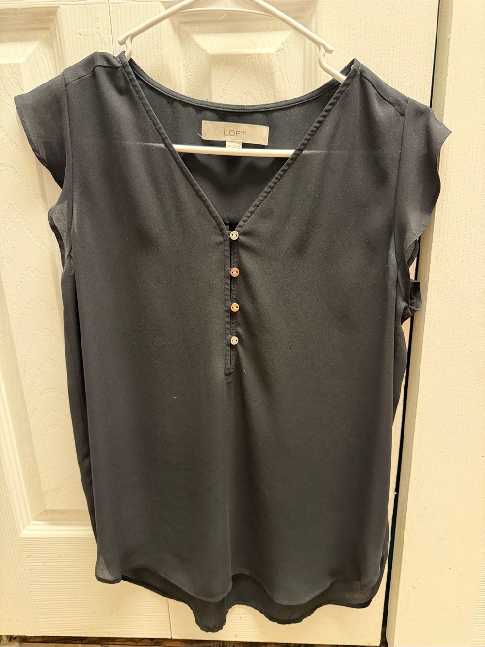 LOFT Navy Cap-Sleeve V-Neck Henley Blouse